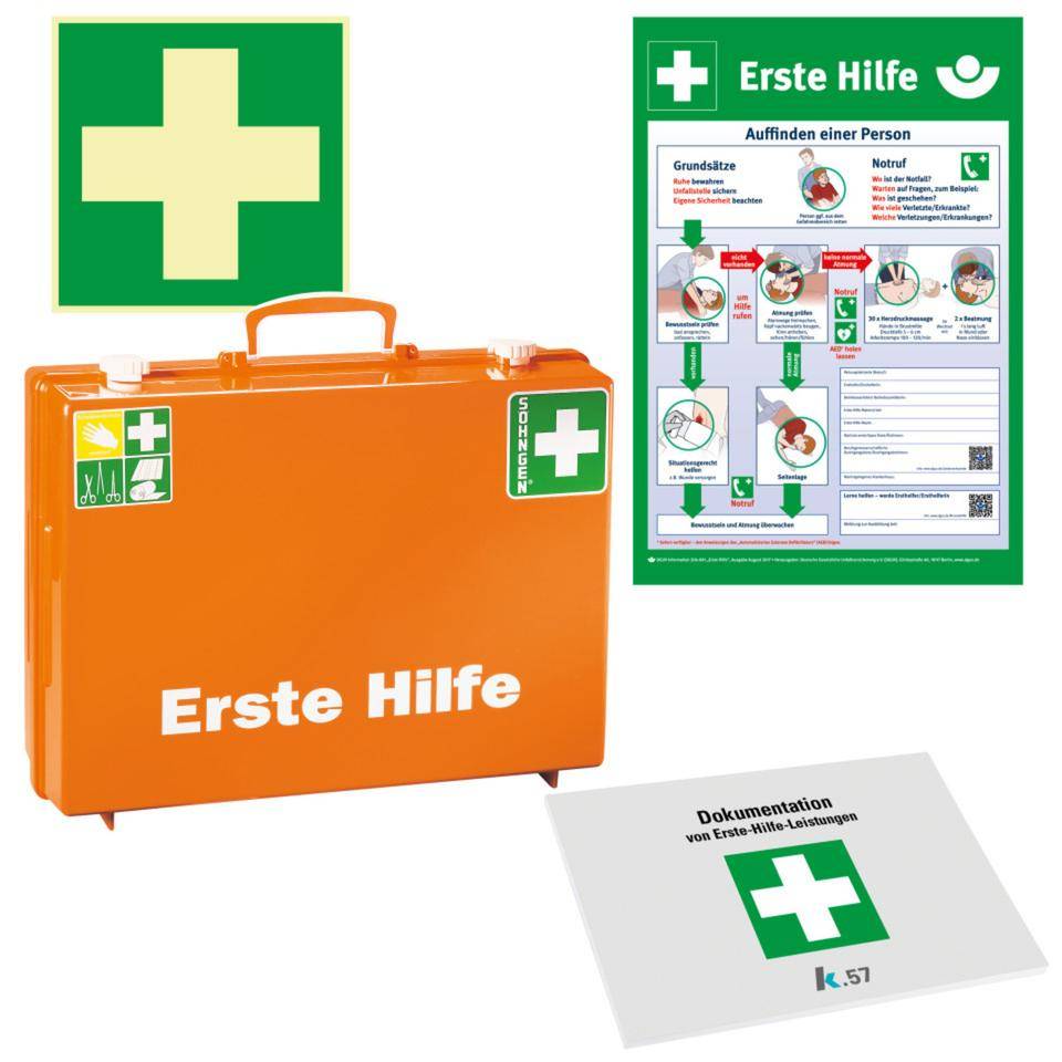 Vorteils-Set Erste-Hilfe-Koffer Senior, PERMALIGHT® power langnachleuchtend Rettungszeichen, Aushang, Verbandblock