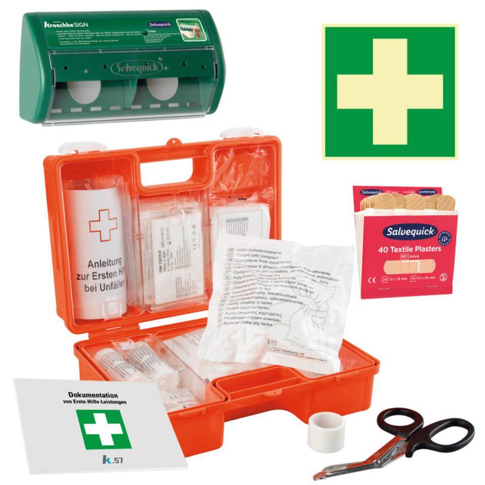 K.57 Vorteils-Set Erste-Hilfe-Koffer Classic, Block, Rettungszeichen, Pflaster elastisch