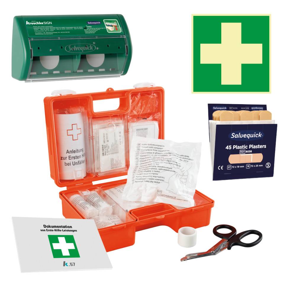 K.57 Vorteils-Set Erste-Hilfe-Koffer Classic, Block, Rettungszeichen, Pflaster wasserfest