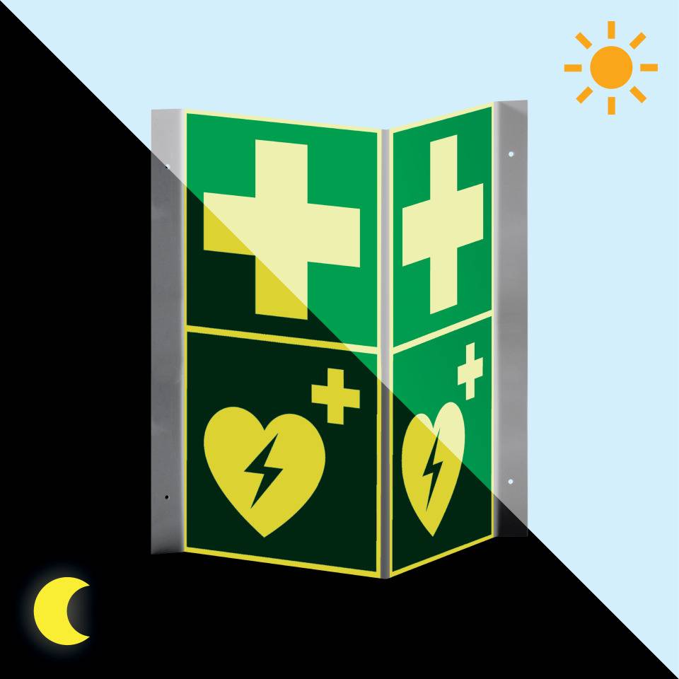 PERMALIGHT® power langnachleuchtend Rettungs-Nasenschild Erste Hilfe, Defibrillator, 200x400mm