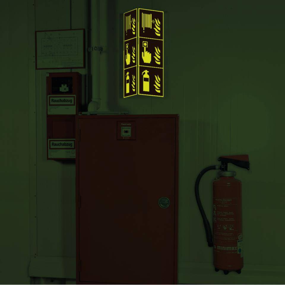 PERMALIGHT® power langnachleuchtend Nasenschild Feuerlöscher, Brandmelder, Löschschlauch, 200x600mm