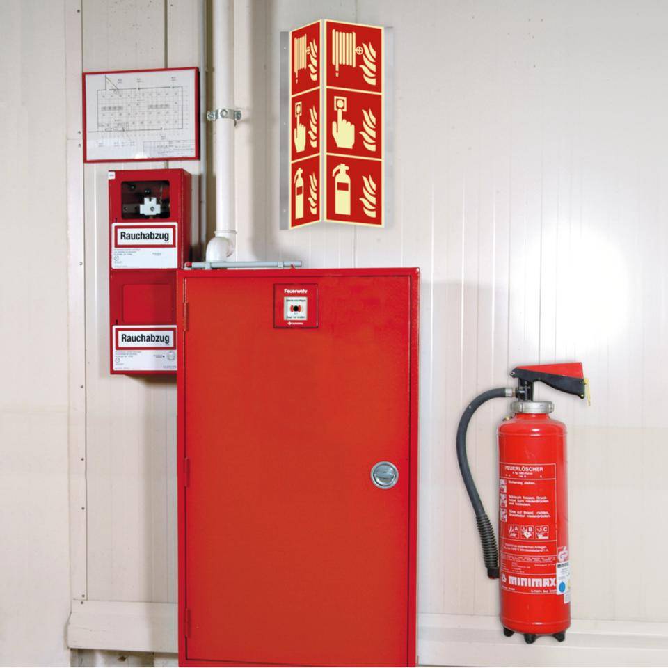 PERMALIGHT® power langnachleuchtend Nasenschild Feuerlöscher, Brandmelder, Löschschlauch, 200x600mm