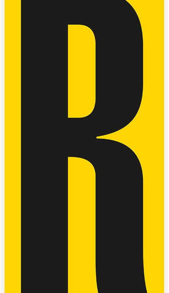 Bodenzeichen Buchstabe R, Rutschhemmung R10, gelb/schwarz, Kunststoff, 180x400mm, 3/VE