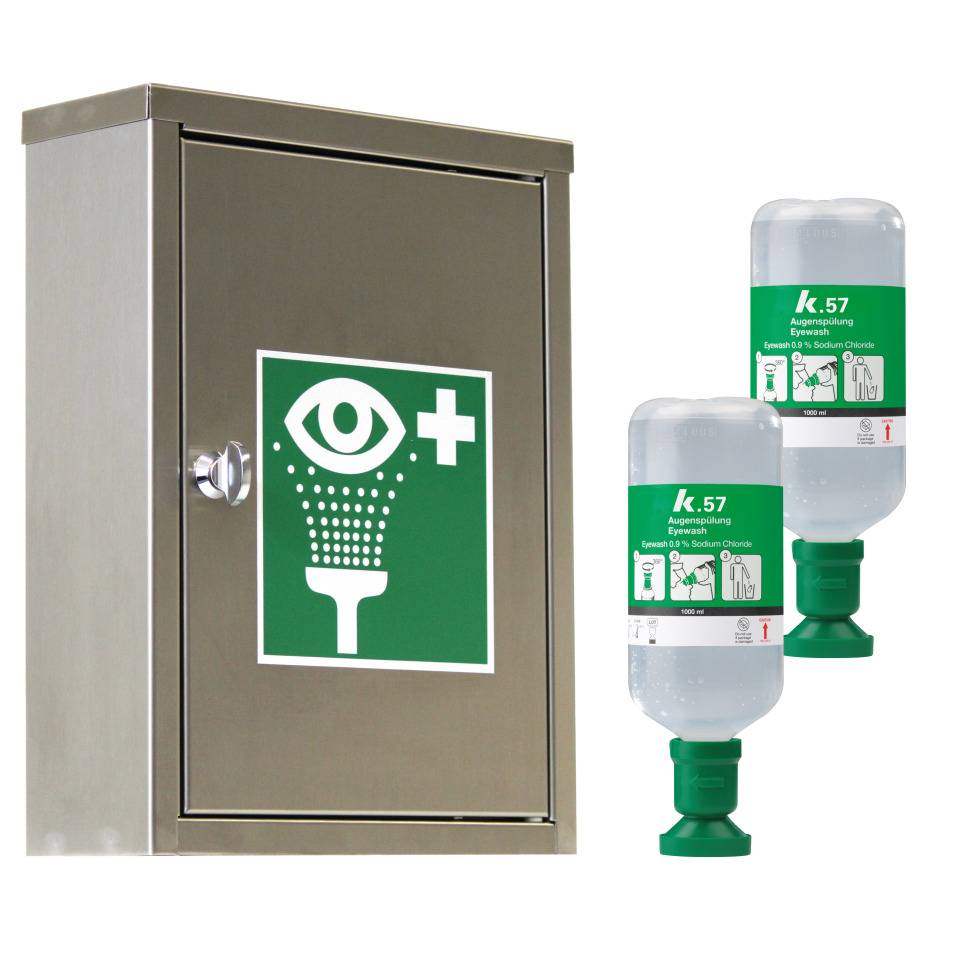 K.57 Wandschrank, gefüllt mit 2x K.57 Augenspülflaschen 1000ml, DIN EN 15154-4