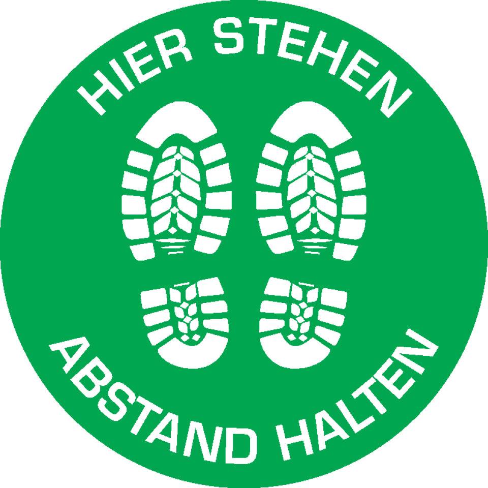 Bodenzeichen Hier stehen - Abstand halten, Rutschhemmung R10, Bodenmarkierungsfolie, Ø 400mm
