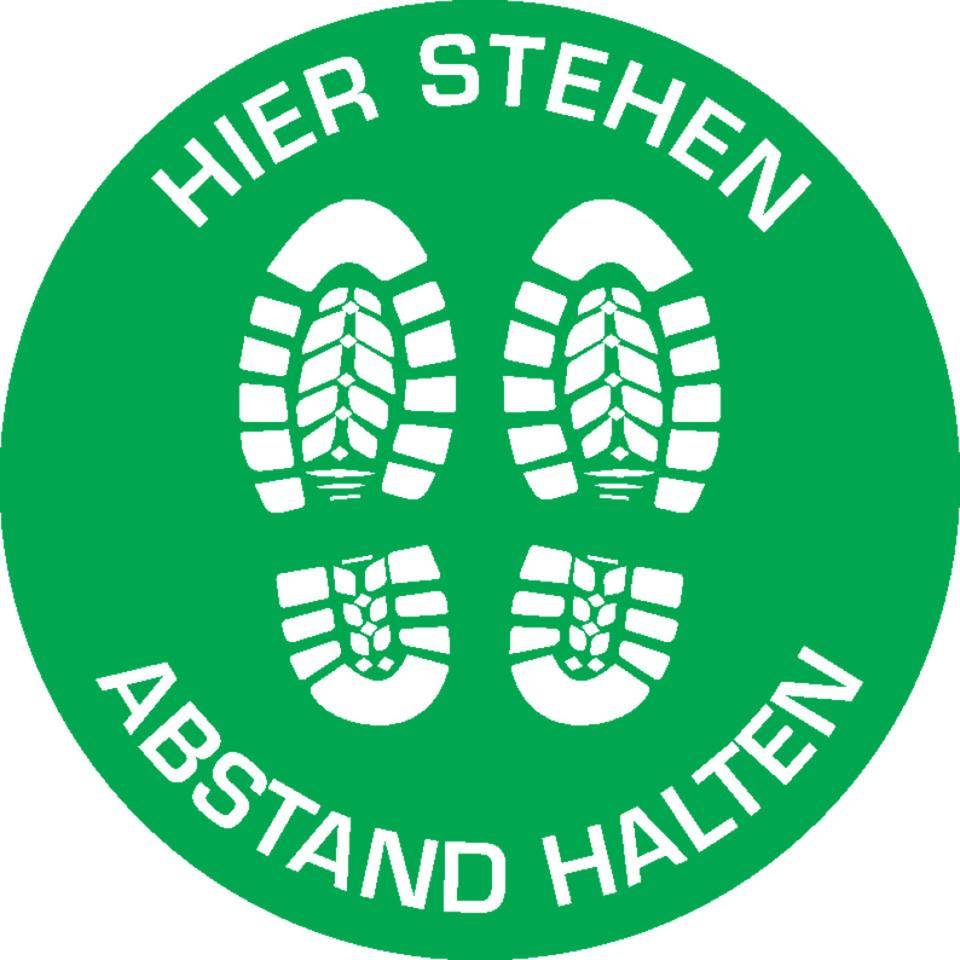 Bodenzeichen Hier stehen - Abstand halten, Rutschhemmung R10, Bodenmarkierungsfolie, Ø 400mm