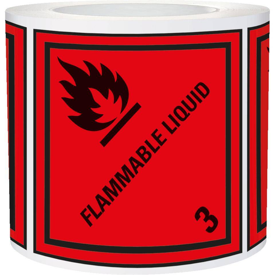 Verpackungskennzeichen Kl. 3 - Flammable Liquid, Folie, seewasserbeständig, 100x100mm, 500/Rolle, IMDG-Code, GGVSEB, ADR