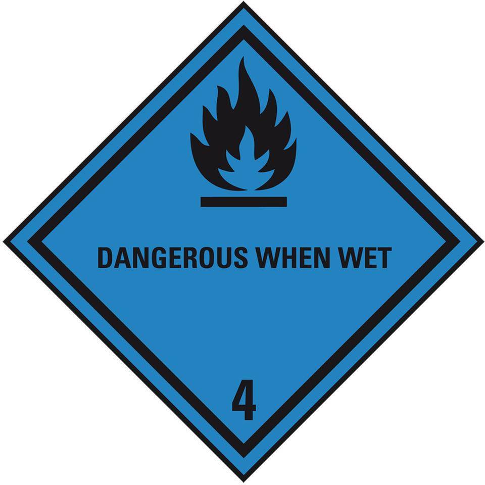 Verpackungskennzeichen Klasse 4.3, Dangerous When Wet, Folie, seewasserbeständig, 100x100mm, IMDG-Code, GGVSEB, ADR IATA