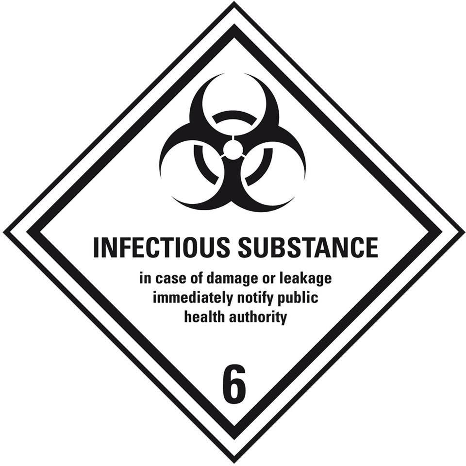 Verpackungskennzeichen Klasse 6.2, Infectious Sub., Folie, seewasserbeständig, 100x100mm, IMDG-Code, GGVSEB, ADR, IATA