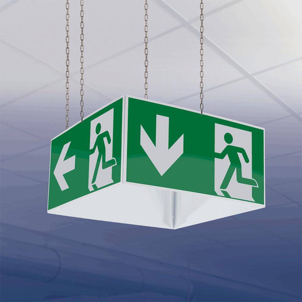 Notausgangswürfel, Notausgang unten/rechts/links/blanko, Kunststoff, ASR A1.3, DIN EN ISO 7010