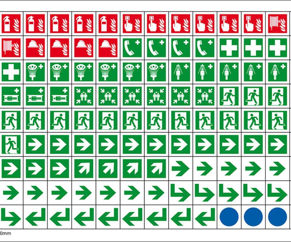 Minisymbol-Sammelbogen, ISO 7010, Folie, selbstklebend, 8mm, 126/Bogen, DIN EN ISO 7010