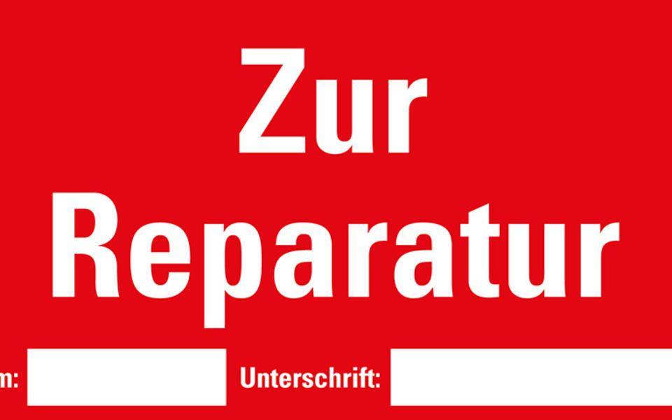 Etikett Zur Reparatur, beschriftbar, rot, Haftpapier, ablösbar, 148x74mm, 500/Rolle