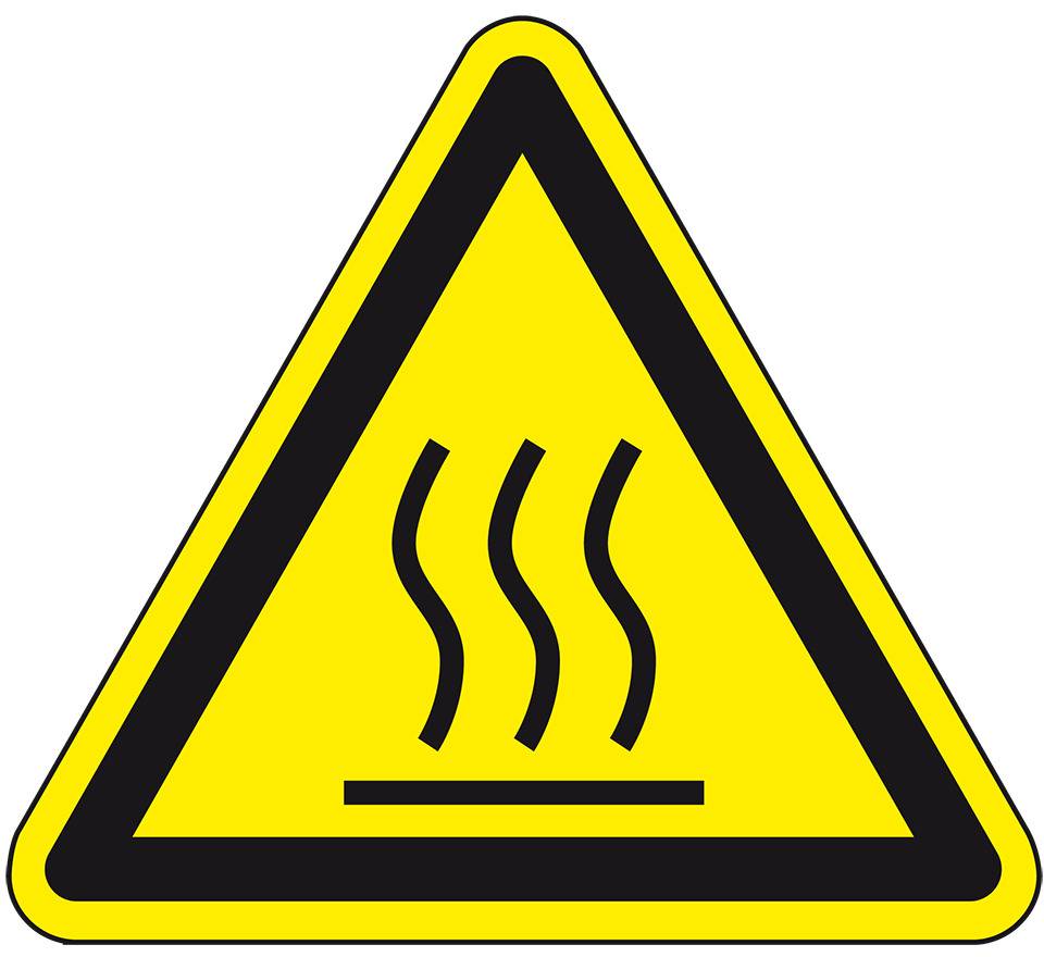 Warnschild Warnung von heißer Oberfläche, RoHS konform, Folie, SL25mm, 10/Bogen, ASR A1.3, DIN EN ISO 7010 W017