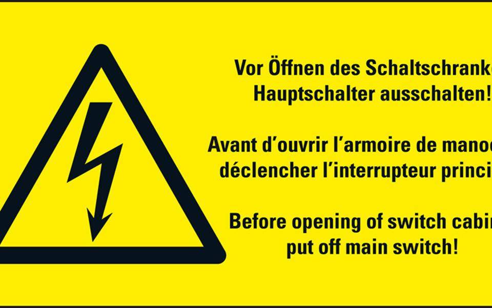 Warn-Kombischild Vor Öffnen des Scha..., RoHS konform, 3-sprachig, Folie, 74x37mm