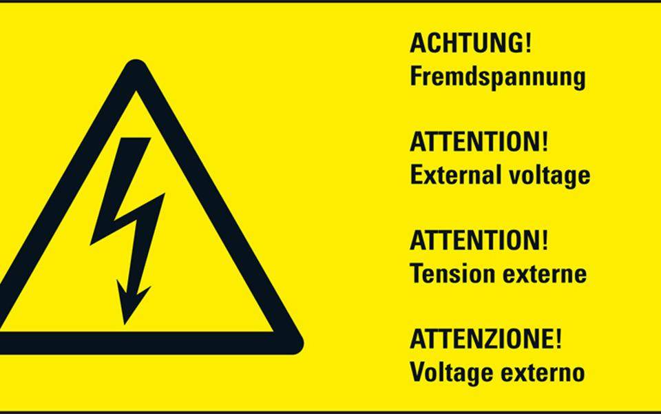 Warn-Kombischild Achtung! Fremdspannung, RoHS konform, 4-sprachig, Folie, 74x37mm
