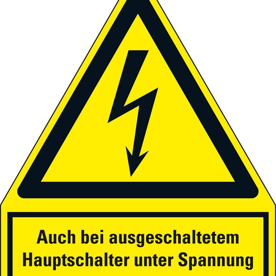 Warn-Kombischild bei ausgeschaltetem Hauptschalter, RoHS konform, Folie, 100x120mm, ASR A1.3, DIN EN ISO 7010 W012