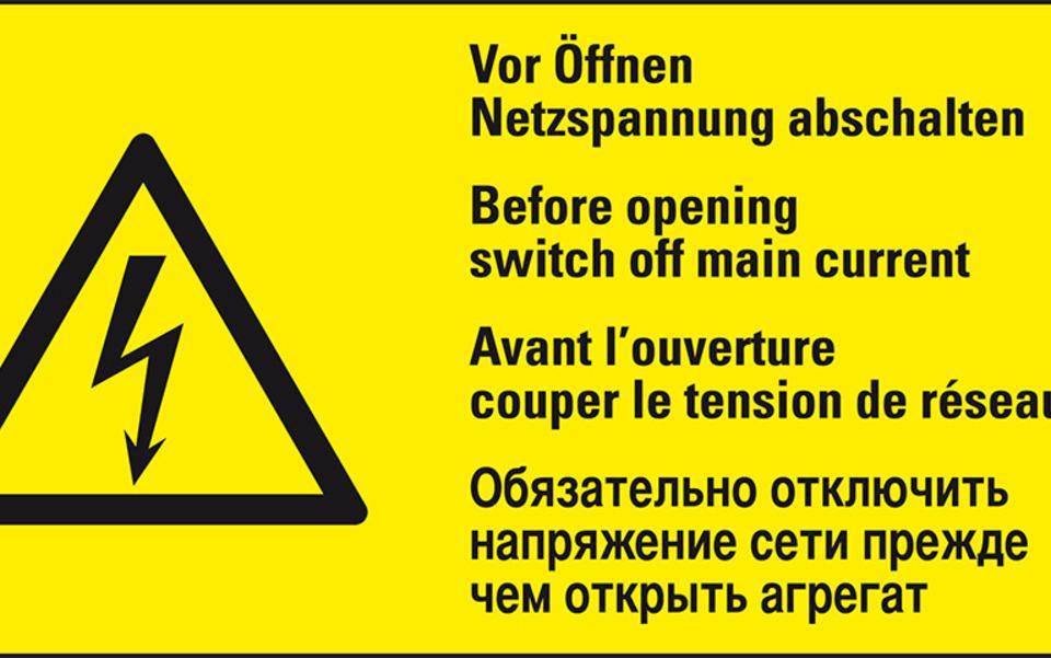 Warn-Kombischild ACHTUNG! Vor Öffnen Netzspannung, RoHS konform,4-spr., Folie, 74x37mm