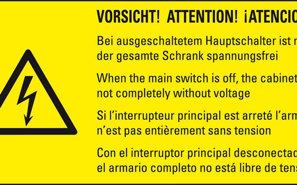 Warn-Kombischild VORSICHT...Schrank spannungsfrei, RoHS konform,4-sprachig, Folie, 74x37mm