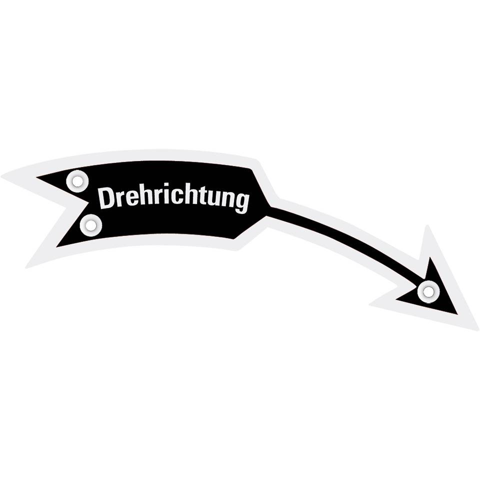 Drehrichtungspfeil rechts mit Text, schwarz, Aluminium eloxiert, 105x21mm