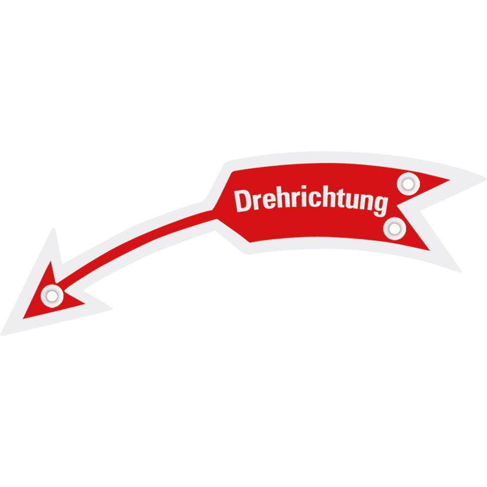 Drehrichtungspfeil links mit Text, rot, Aluminium eloxiert, 105x21mm
