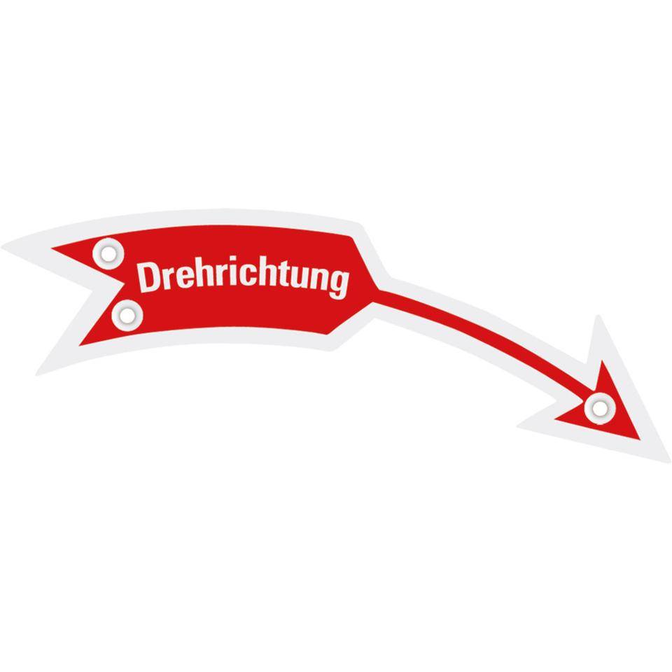 Drehrichtungspfeil rechts mit Text, rot, Aluminium eloxiert, 105x21mm