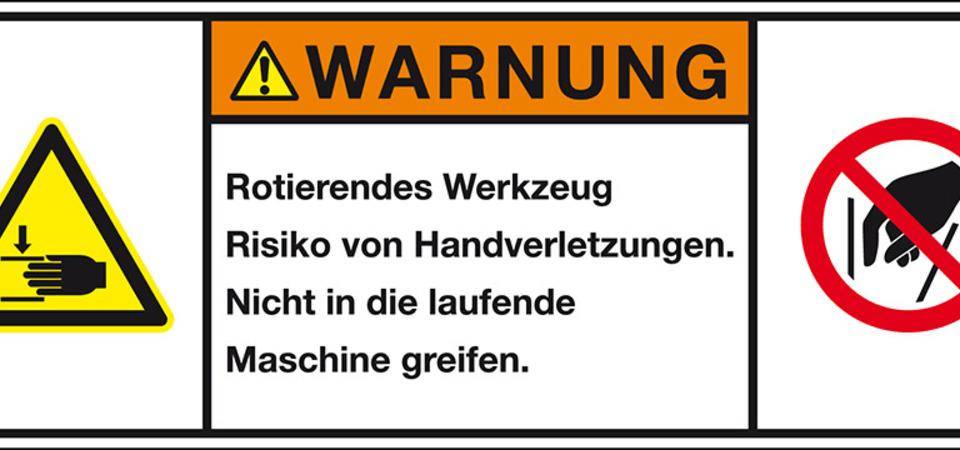 Produktsicherheitsschild Warnung Rotierendes Werkzeug, RoHS konform, Folie, 100x35mm, ISO 3864-2