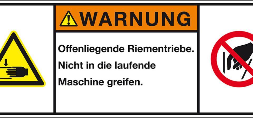 Produktsicherheitsschild Warnung Offenliegende Riemen, RoHS konform, Folie, 100x35mm, ISO 3864-2
