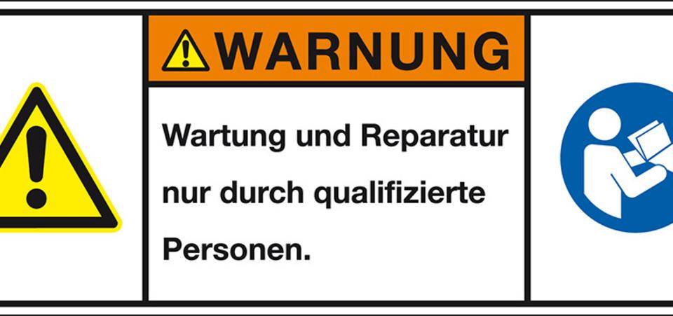 Produktsicherheitsschild Warnung Wartung und Reparatur nur, RoHSkonform, Folie, 100x35mm, ISO 3864-2