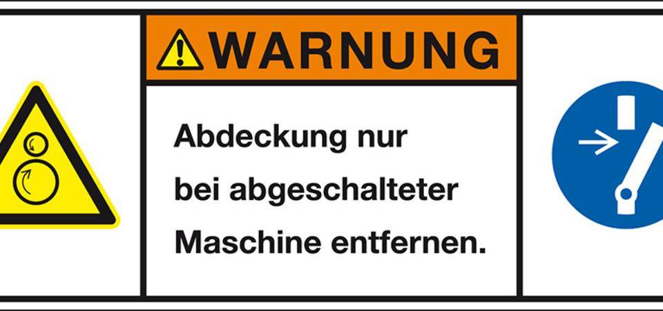 Produktsicherheitsschild Warnung Abdeckung n.bei abgesch., RoHS konform, Folie, 100x35mm, ISO 3864-2