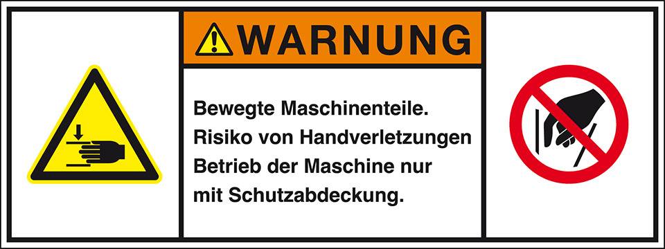 Produktsicherheitsschild Warnung Bewegte Maschinen, RoHS konform, Folie, 200x75mm, ISO 3864-2