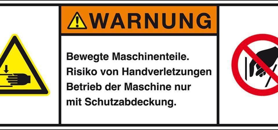 Produktsicherheitsschild Warnung Bewegte Maschinen, RoHS konform, Folie, 200x75mm, ISO 3864-2