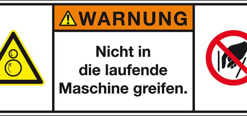 Produktsicherheitsschild Warnung Nicht in die laufende, RoHS konform, Folie, 100x35mm