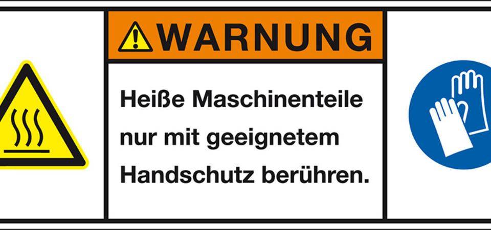 Produktsicherheitsschild Warnung Heiße Maschinenteile, RoHS konform, Folie, 200x75mm, ISO 3864-2