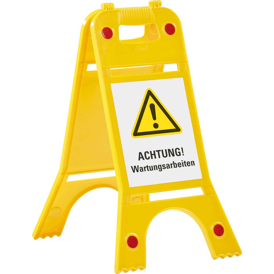 Warnaufsteller mit Reflektoren, ACHTUNG! Wartungsarbeiten, gelb, 245x620mm, ASR A1.3, DIN EN ISO 7010
