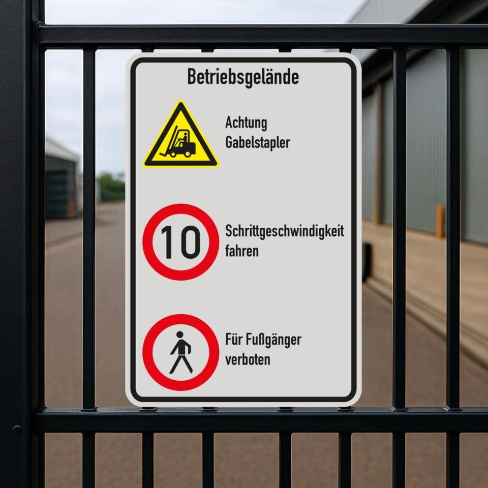 Kombischild Betriebsgelände, Stapler und 10 km/h + Fußgänger, Aluminium, 600x900mm, DIN EN ISO 7010 W014