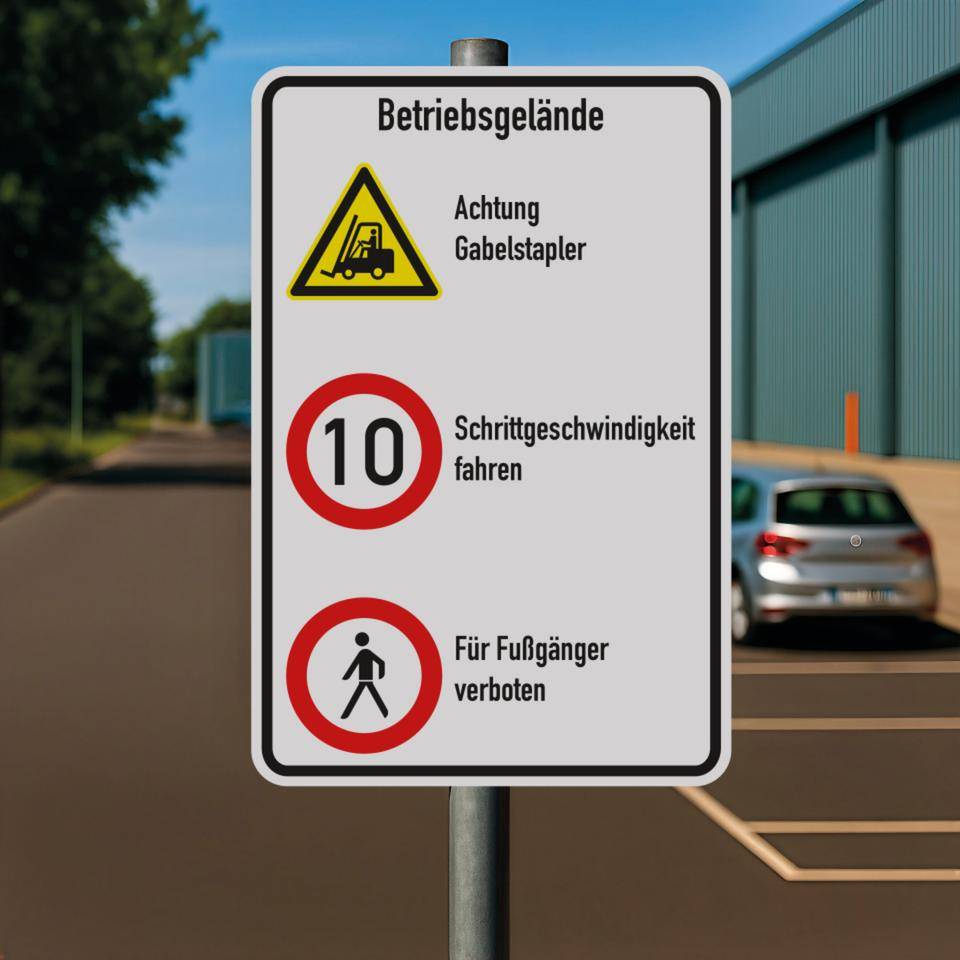Kombischild Betriebsgelände, Stapler und 10 km/h + Fußgänger, Aluminium, 600x900mm, DIN EN ISO 7010 W014