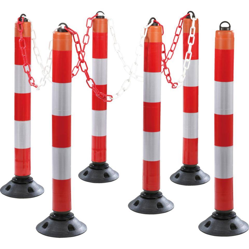 Absperrpfosten-Set LeitPin, 6-tlg., mit Zylinderfuß, anfahrbar, rot/weiß, 1050mm