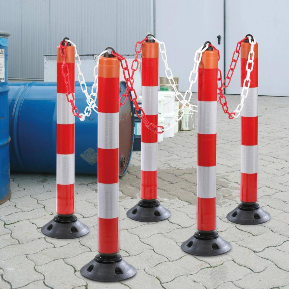 Absperrpfosten-Set LeitPin, 6-tlg., mit Zylinderfuß, anfahrbar, rot/weiß, 1050mm