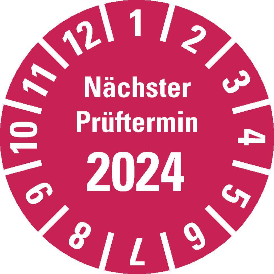 Prüfplakette Nächster Prüftermin 2024, rot, Polyesterfolie, Spez., Ø20mm, 36/Bogen