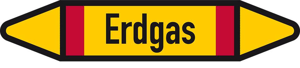 Rohrleitungsetikett Erdgas, DIN 2403, gelb/schwarz/rot, für Ø 15-25mm, 96x17mm, 8/Bogen