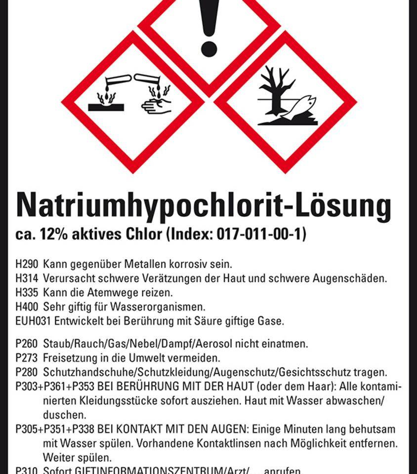 GHS-Etikett Natriumhypochlorit ca.12% akt.Chlor, GefStoffV/GHS/CLP,52x74mm, 10/Bogen