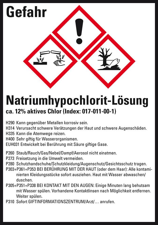 GHS-Etikett Natriumhypochlorit ca.12% akt.Chlor, GefStoffV/GHS/CLP,52x74mm, 10/Bogen