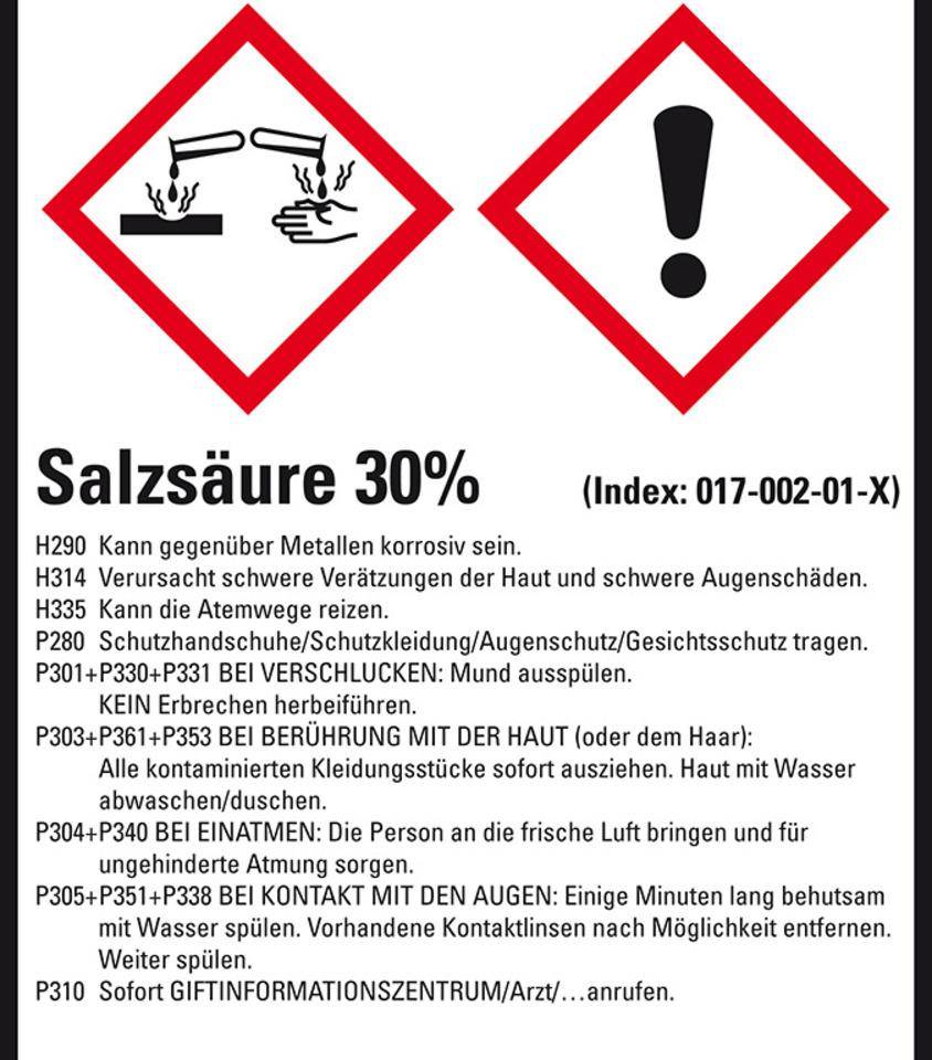 GHS-Etikett Salzsäure 30%, GefStoffV/GHS/CLP, Folie, 52x74mm, 10/Bogen