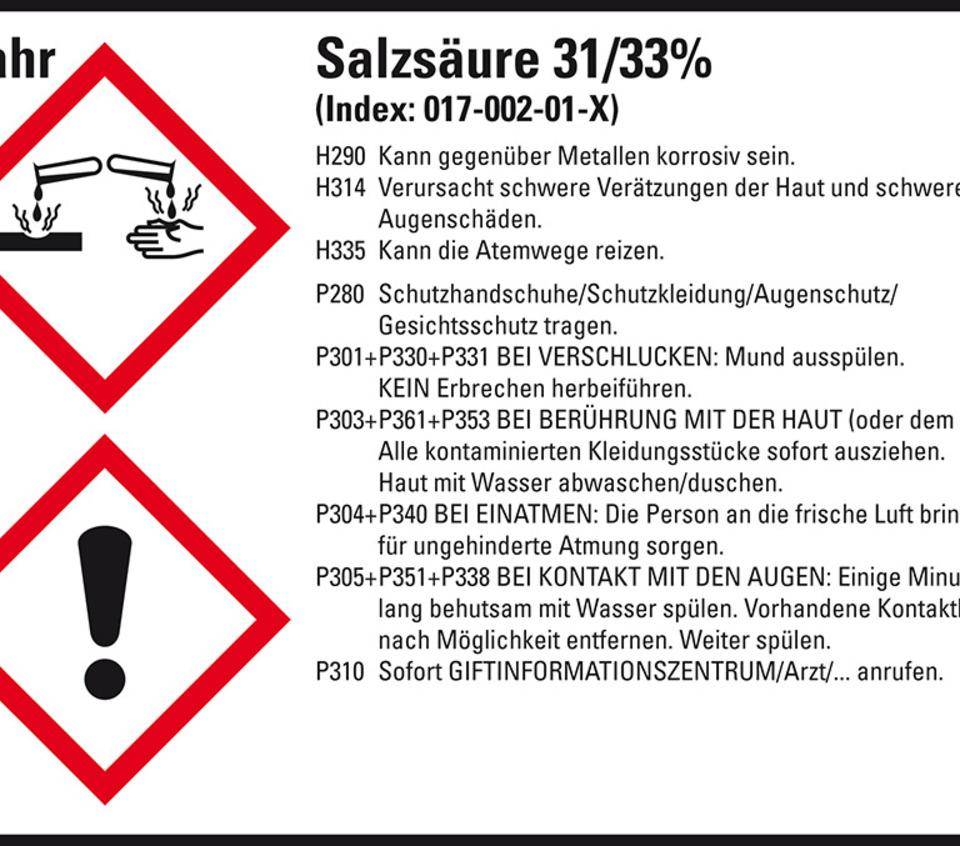 GHS-Etikett Salzsäure 31/33%, GefStoffV/GHS/CLP, Folie, 148x105mm, 4/Bogen