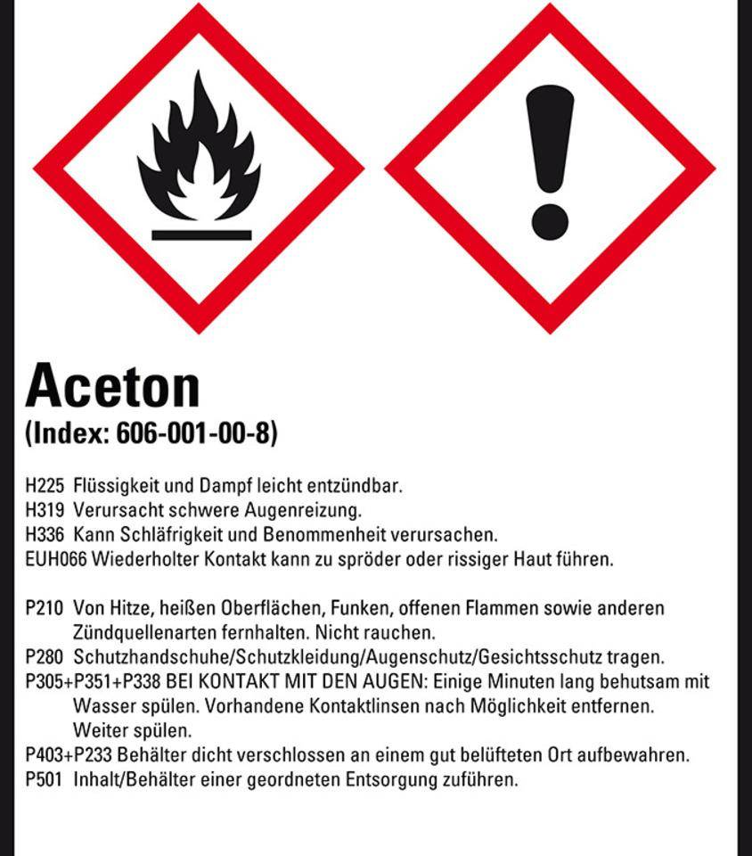 Gefahrstoffetikett Aceton, GefStoffV/GHS/CLP, Folie, 52x74mm, 10/Bogen