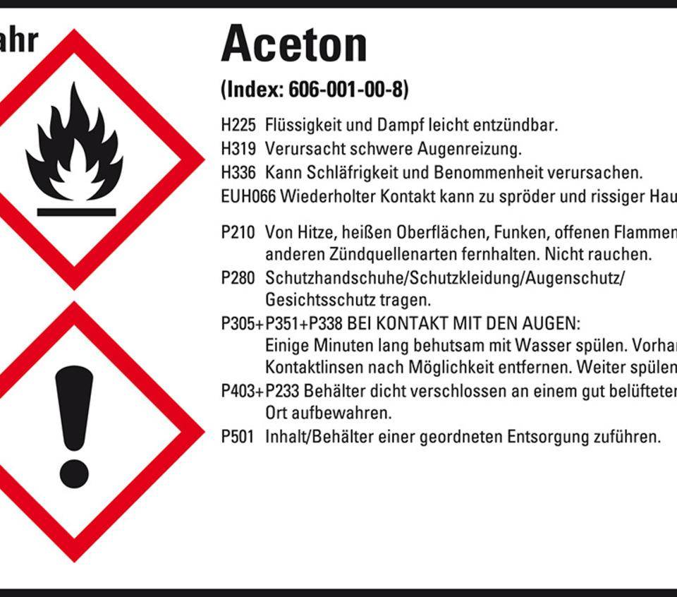 Gefahrstoffetikett Aceton, GefStoffV/GHS/CLP, Folie, 105x74mm, 8/Bogen