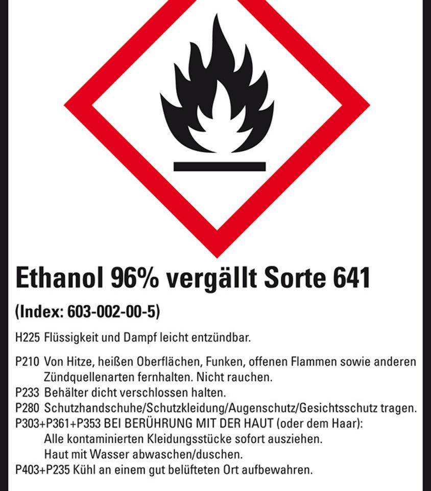 GHS-Etikett Ethanol 96% vergällt Sorte 641, GefStoffV/GHS/CLP, 52x74mm, 10/Bogen