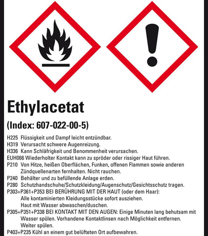GHS-Etikett Ethylacetat, GefStoffV/GHS/CLP, Folie, 52x74mm, 10/Bogen