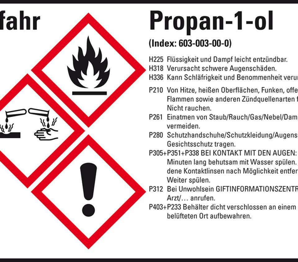 Gefahrstoffetikett Propan-1-ol, GefStoffV/GHS/CLP, Folie, 105x74mm, 8/Bogen