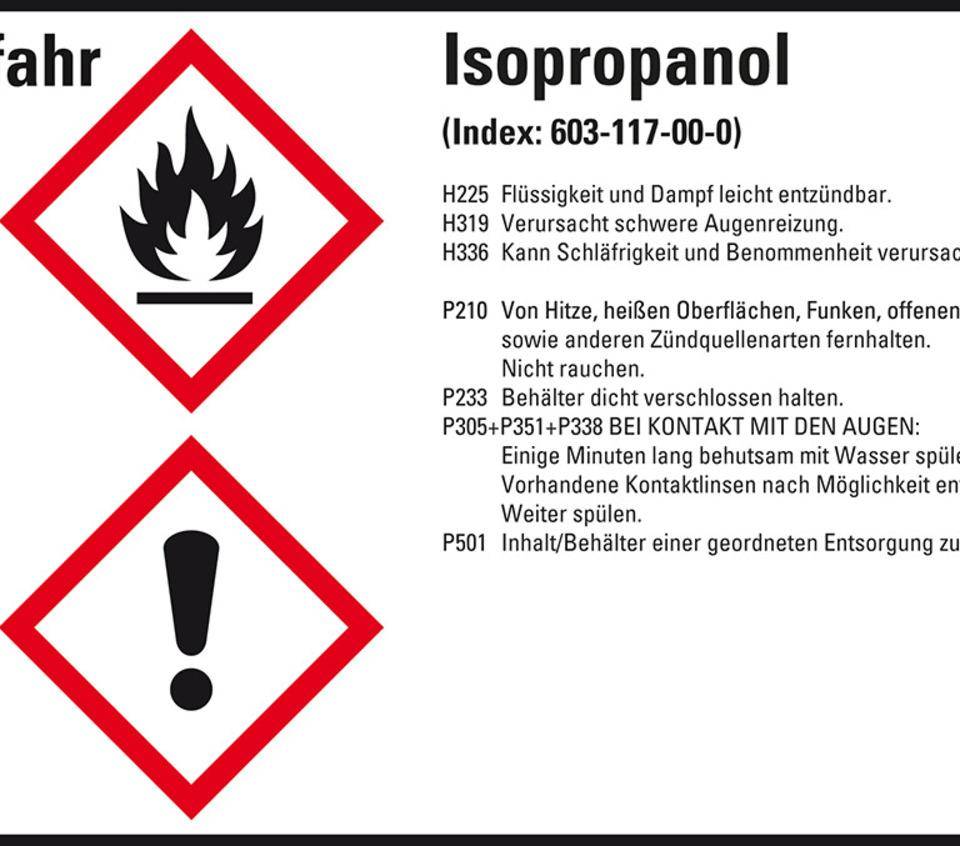 Gefahrstoffetikett Isopropanol, GefStoffV/GHS/CLP, Folie, 105x74mm, 8/Bogen
